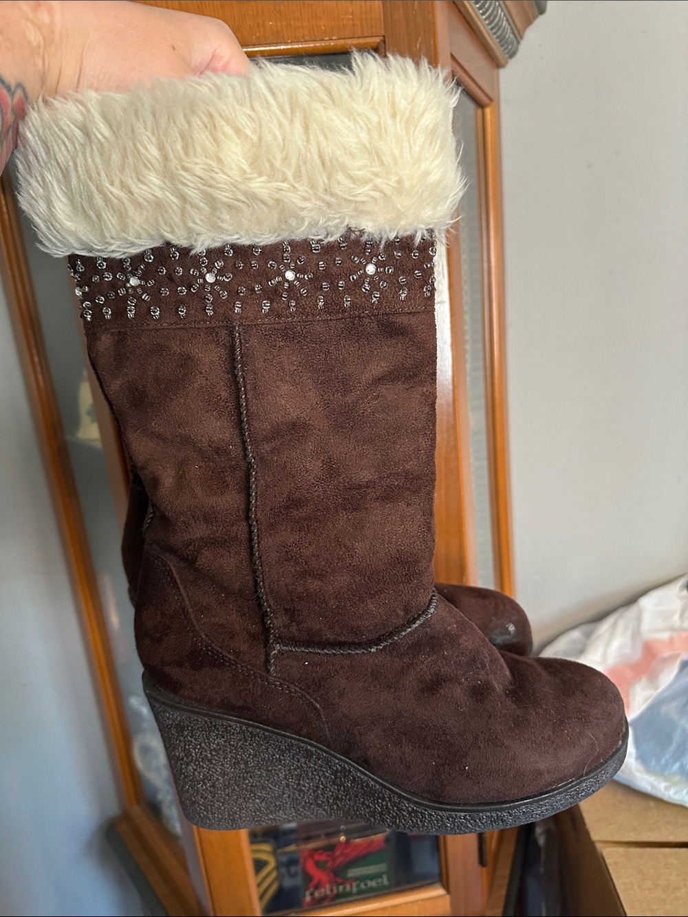 American Eagle Outfitters Brown Faux-Suede Wedge Boots with Cream Fur Cuff